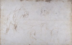 Estudios de una figura masculina atada a un árbol y de dos cabezas masculinas, c.1601 de Peter Paul Rubens