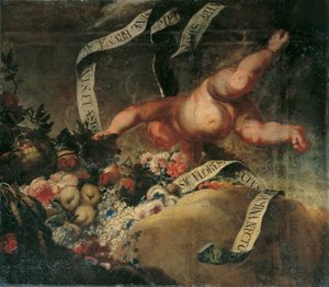 Putto con flores, frutas y pancarta