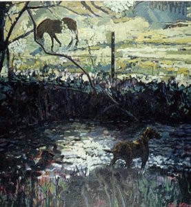Pony y perro en un campo, 2000 (óleo sobre lienzo)