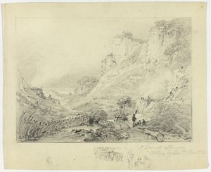 Figuras y carro de caballos en un paisaje con acantilados de Peter de Wint