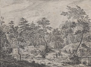 Paisaje forestal con un jinete conversando con un hombre en el centro, un puente peatonal a la derecha, 1716