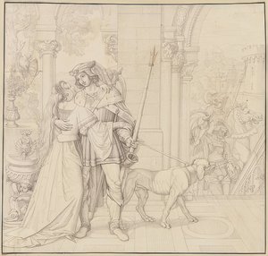 Siete dibujos de los Nibelungos: 4. Siegfried preparado para la caza. 1812-17