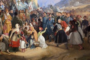 La entrada del rey Othon I de Grecia (1815-1876) a Atenas, recibido por la multitud frente al templo de Hefesto (Hephaisteion) o Theseion en el Ágora (Grecia) de Peter von Hess