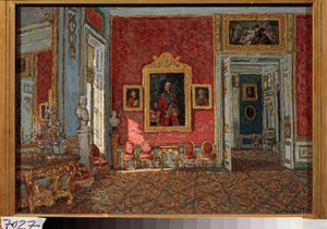 El salón carmesí del Palacio Kuskovo (Moscú, Rusia) - Pintura de Piotr Ivanovich Petrovichev (Piotr Petrovitchev) (1874-1947), óleo sobre lienzo