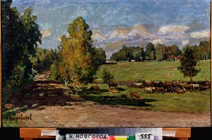Descansando en la pradera. (Rebaño de ganado cerca de un arroyo, cruzando un campo de pastos). Obra de Pyotr Ivanovich Petrovichev (Pyotr Petrovitchev) (1874-1947), óleo sobre tabla