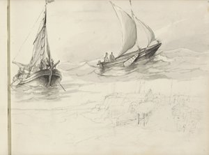 Dos veleros con figuras en el mar de Petrus Johannes Schotel (circle of)