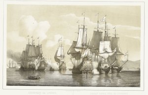 Batalla naval cerca de Livorno, 1653
Batalla naval en Livorno. 14 de marzo de 1653 / Combat naval près de Livourne. 14 Marte 1653 (título en el objeto) de Petrus Johannes Schotel