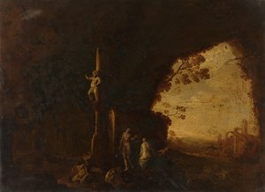Ninfas en una cueva con ruinas antiguas de Petrus van Hattich