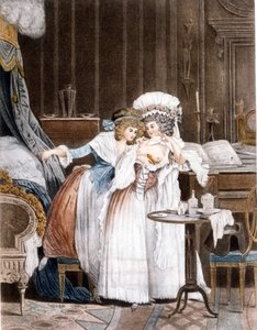 Debucourt. El pájaro revivido. Una mujer coloca un pajarito enfermo bajo su pecho para revivirlo. Grabado de Philibert Louis Debucourt
