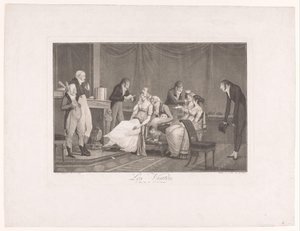 Compañía de mujeres y hombres jóvenes en un interior. Les Visites (título sobre el objeto) de Philibert Louis Debucourt