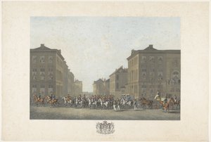 Banda en la toma de posesión de Guillermo I en Bruselas el 21 de septiembre de 1815 Doce láminas de la llegada e inauguración de Guillermo I en Bruselas y las batallas de Quatre-Bras y Waterloo en 1815 (título de la serie) de Philibert Louis Debucourt