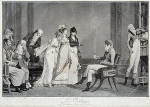 La naranja o el juicio moderno de París Parodia del juicio de París con un joven a la moda del Directorio (Increíble) eligiendo entre tres Maravillosas. Grabados de Philibert Louis Debucourt (1755-1832) alrededor de 1800 París, Museo Carnavalet
