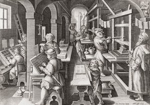 Una imprenta europea hacia 1590 (grabado)