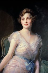 Detalle del retrato de la señorita Leicester-Warren de Philip Alexius de Laszlo