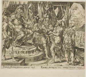 Achior suplicando a Holofernes por los israelitas, placa uno de La historia de Judith y Holofernes de Philip Galle