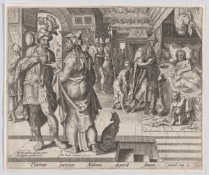 Jonadab aconsejando a Amnón, de La historia de Tamar y Amnón, placa 1, 1559 de Philip Galle