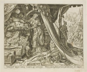 Judith decapitando a Holofernes, lámina seis de La historia de Judith y Holofernes de Philip Galle