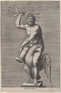 Placa 2: Júpiter, estatua del dios desnudo sentado en un águila, sosteniendo un tridente doble, de..., 1586 de Philip Galle