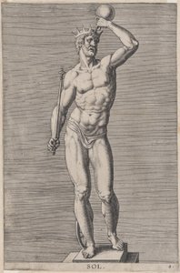 Placa 4: Apolo, estatua del dios desnudo de pie sobre un zócalo, con una corona y sosteniendo... de Philip Galle
