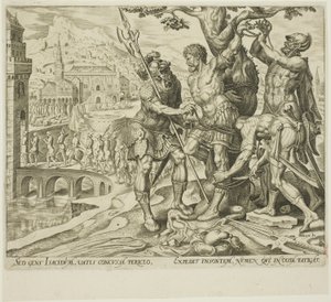 Los israelitas encuentran a Achior atado a un árbol, lámina dos de La historia de Judith y Holofernes de Philip Galle