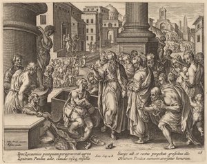 San Pablo cura al hombre cojo en Listra de Philip Galle after Jan van der Straet