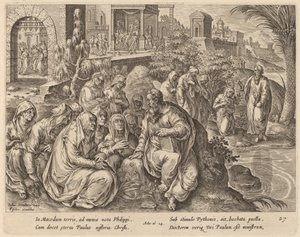 San Pablo habla a las mujeres de Filipos junto a un río de Philip Galle after Jan van der Straet