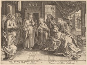 El encuentro de los apóstoles y las mujeres en el aposento alto de Philip Galle after Jan van der Straet