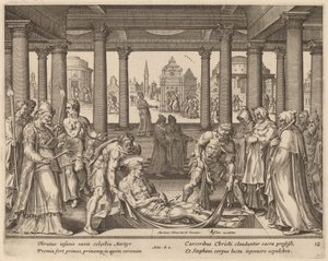 Hombres devotos llevando a San Esteban a su entierro