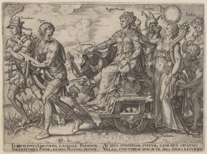 Periculum, Pauor, Latrocinium, Regina Pecunia, Stultitia, Invidia (Peligros y vicios que acompañan a la riqueza) de Philip Galle, after Maerten van Heemskerck