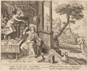 El ángel ordena a San Felipe que acompañe al eunuco etíope de Philip Galle after Maerten van Heemskerck