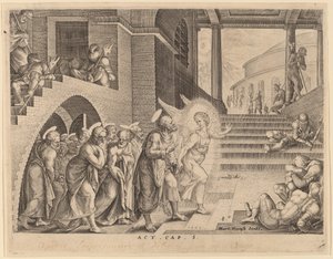 Los apóstoles liberados de la prisión por un ángel de Philip Galle after Maerten van Heemskerck