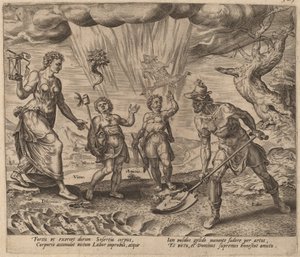 El Señor dotando al trabajador diligente de comida y ropa de Philip Galle after Maerten van Heemskerck