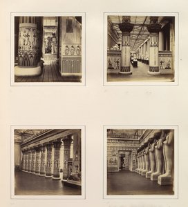 Vista a través del patio egipcio, vista a través de columnas egipcias hacia esculturas clásicas, ca. 1859