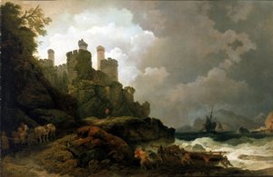Barco de pesca tirado en tierra, cerca del castillo de Conwy (Gales). Óleo sobre lienzo, hacia 1800, de Philippe-Jacques (Philippe Jacques) de Loutherbourg (1740-1812). de Philip James de (1740 1812) Loutherbourg