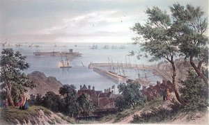 El escuadrón real anclado, 2 de septiembre de 1846, de la visita de la reina Victoria en Jersey, grabado por H. Walter