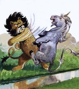 León golpeando a un unicornio de Philip Mendoza