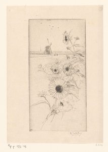 Girasoles frente a un paisaje de pradera con caballos y molino
Eutude de tournesols (título original)
