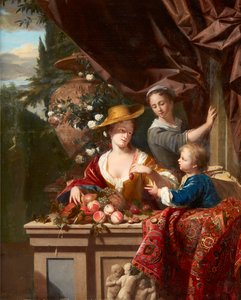 Figuras Elegantes en una Terraza con Tazón de Frutas Variadas de Philip van Dyck