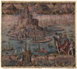 El Faro de Alejandría de la serie Las Ocho Maravillas del Mundo Después de Maarten van Heemskerck, 1572 de Philipp Galle