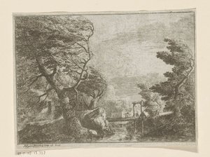 Paisaje tormentoso con árboles junto a un puente sobre un río de Philipp Hieronymus Brinckmann