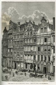 Casas antiguas en la plaza del ayuntamiento en Bruselas. Grabado por Ph. Benoist, para ilustrar la historia de Bélgica por Camille Lemonnier, publicado en el tour du monde, bajo la dirección de Edouard Charton (1807-1890), París de Philippe Benoist