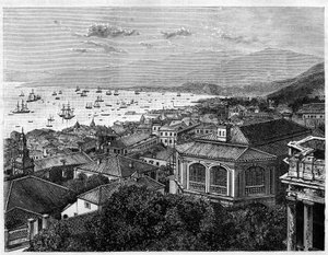 Vista de la Bahía de Hong Kong. Grabado después de un dibujo de Benoist, en “Le Tour du Monde, Nuevo diario de Viajes”, editado por Edouard Charton, París de Philippe Benoist