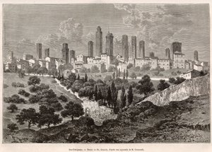 Vista de San Gimignano (Toscana, Italia). Grabado según el dibujo de Ph. Benoist, para ilustrar el viaje a Toscana y Umbría, por Francis Wey, en 1875, publicado en "Le tour du monde" 1876, editado por Edouard Charton, edición Hachette, París. Selva de Philippe Benoist