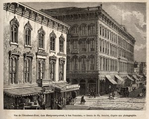Vista del Hotel Occidental (Occidental Hotel), en la calle Montgomery (Montgomery street), San Francisco (California), grabado según el dibujo de Ph. Benoist, ilustrando el viaje de Washington a San Francisco, en 1868, por L. Simonin, publicado en de Philippe Benoist