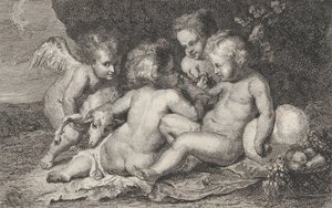 Un grupo de tres niños y un putto con fruta y un cordero, ca. 1760-1801 de Philippe Lambert Joseph Spruyt