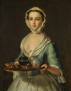 Una joven sosteniendo una bandeja de té posiblemente Hannah, la sirvienta del artista