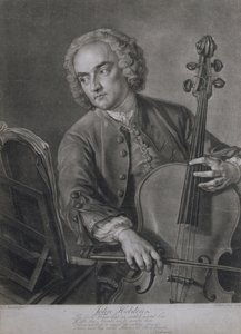 Retrato de John Hebden (fl.1740-60), un violonchelista en la orquesta de Handel, grabado por John Faber (1684-1756), 1741 de Philippe Mercier
