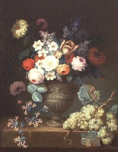 Naturaleza Muerta de Flores en un Jarrón Clásico con un Racimo de Uvas de Philippe Parpette