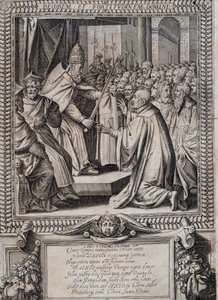 Tablón de Estatutos de la Orden de Malta “Statuta Hospitalis Hervsalem” (ablandamiento de un caballero por un papa), por Philippe Thomassin, finales del siglo XVI de Philippe Thomassin