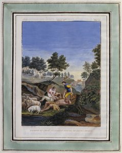 Dafnis y Cloe libran a Dorcón de sus perros. Dibujo de Philippe d
